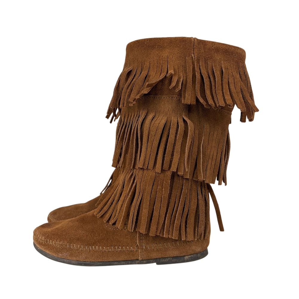Minnetonka 3 Layer Fringe Boots Brown Suede Moccasin Boho Western Womens 8